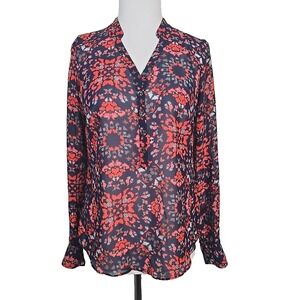 A.N.A. Navy Red Floral Chiffon Long Tab Sleeve Blouse Shell Size Small S